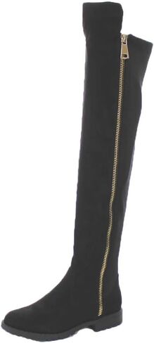 حذاء نسائي من Bamboo Monterey-05 بسحاب جانبي قابل للتمدد وكعب منخفض فوق الركبة، جلد سويدي أسود، 9 in Kuwait