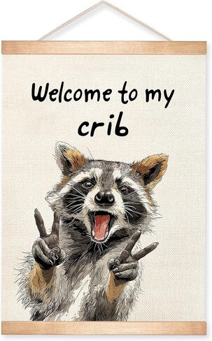 HEYJEEPER Welcome to My Crib Wall Art Decor,Funny Raccoon Posters,Man Cave Wall Hanging Decor for Playroom,Bedroom,Entryway,Dorm Room, Nursery 14x18Inch(To my crib-1) in Kuwait