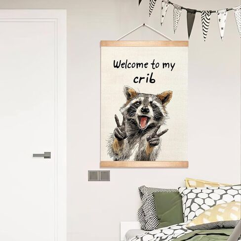 HEYJEEPER Welcome to My Crib Wall Art Decor,Funny Raccoon Posters,Man Cave Wall Hanging Decor for Playroom,Bedroom,Entryway,Dorm Room, Nursery 14x18Inch(To my crib-1) in Kuwait