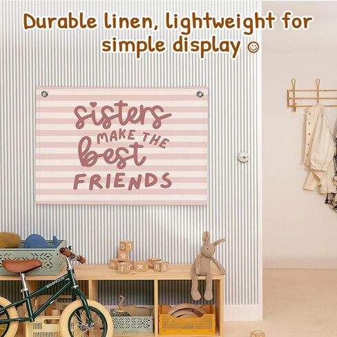 Girls Room Decor Sisters Make The Best Friends Linen Hanging Banner Cute Pink Stripes Banner for Toddler Playroom Wall Decor for Kids Bedroom Dorm Toddler Decorations Trendy Room 30x20 Inch in Saudi Arabia