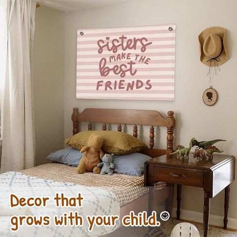 Girls Room Decor Sisters Make The Best Friends Linen Hanging Banner Cute Pink Stripes Banner for Toddler Playroom Wall Decor for Kids Bedroom Dorm Toddler Decorations Trendy Room 30x20 Inch in Saudi Arabia