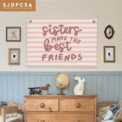 Girls Room Decor Sisters Make The Best Friends Linen Hanging Banner Cute Pink Stripes Banner for Toddler Playroom Wall Decor for Kids Bedroom Dorm Toddler Decorations Trendy Room 30x20 Inch in Saudi Arabia