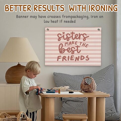 Girls Room Decor Sisters Make The Best Friends Linen Hanging Banner Cute Pink Stripes Banner for Toddler Playroom Wall Decor for Kids Bedroom Dorm Toddler Decorations Trendy Room 30x20 Inch in Saudi Arabia