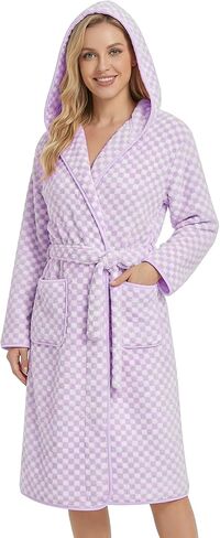 Checkered Hooded Bathrobe for Women, Coral Fleece Quick Dry Soft Absorbent Plush Y2K Robe in Kuwait