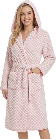 Checkered Hooded Bathrobe for Women, Coral Fleece Quick Dry Soft Absorbent Plush Y2K Robe in Saudi Arabia