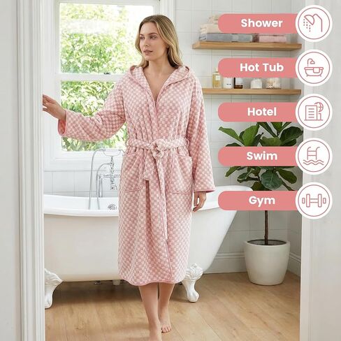 Checkered Hooded Bathrobe for Women, Coral Fleece Quick Dry Soft Absorbent Plush Y2K Robe in Saudi Arabia