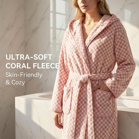 Checkered Hooded Bathrobe for Women, Coral Fleece Quick Dry Soft Absorbent Plush Y2K Robe in Saudi Arabia