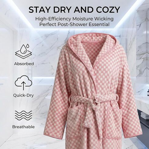 Checkered Hooded Bathrobe for Women, Coral Fleece Quick Dry Soft Absorbent Plush Y2K Robe in Saudi Arabia