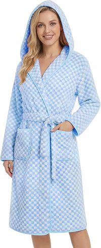 Checkered Hooded Bathrobe for Women, Coral Fleece Quick Dry Soft Absorbent Plush Y2K Robe in Saudi Arabia