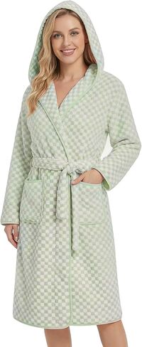 Checkered Hooded Bathrobe for Women, Coral Fleece Quick Dry Soft Absorbent Plush Y2K Robe in Saudi Arabia