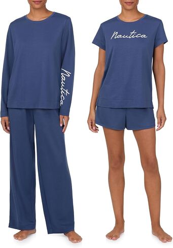 Nautica Womens 4 Piece Sleep & Lounge Pajama Set - Lightweight French Terry - Long & Short Sleeve PJ Top, Pants & Shorts in Saudi Arabia