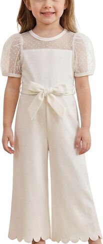 HINTINA Toddler Girl Contrast Mesh Puff Short Sleeve High Waist Jumpsuit Belted Wide leg Romper in Saudi Arabia