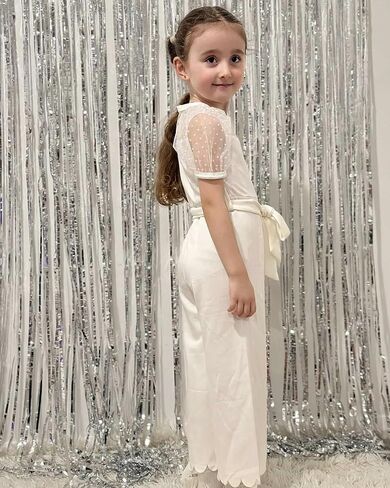 HINTINA Toddler Girl Contrast Mesh Puff Short Sleeve High Waist Jumpsuit Belted Wide leg Romper in Saudi Arabia