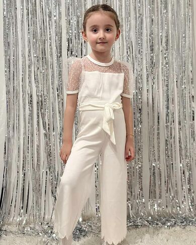 HINTINA Toddler Girl Contrast Mesh Puff Short Sleeve High Waist Jumpsuit Belted Wide leg Romper in Saudi Arabia