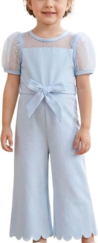 HINTINA Toddler Girl Contrast Mesh Puff Short Sleeve High Waist Jumpsuit Belted Wide leg Romper in Kuwait