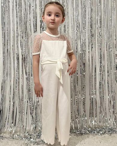HINTINA Toddler Girl Contrast Mesh Puff Short Sleeve High Waist Jumpsuit Belted Wide leg Romper in Saudi Arabia