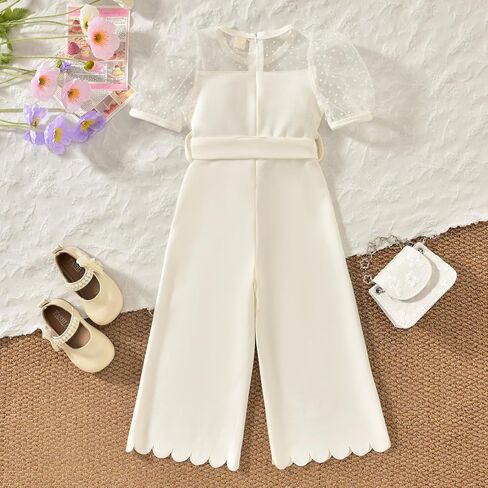 HINTINA Toddler Girl Contrast Mesh Puff Short Sleeve High Waist Jumpsuit Belted Wide leg Romper in Saudi Arabia