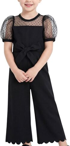 HINTINA Toddler Girl Contrast Mesh Puff Short Sleeve High Waist Jumpsuit Belted Wide leg Romper in Saudi Arabia