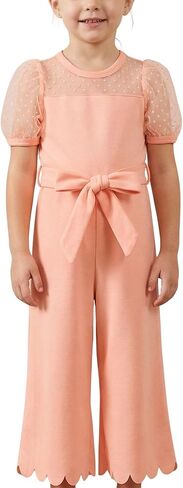 HINTINA Toddler Girl Contrast Mesh Puff Short Sleeve High Waist Jumpsuit Belted Wide leg Romper in Saudi Arabia