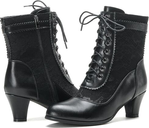 ErikenUrben Victorian Lace Up Ankle Boots for Women Black Vintage Mid Heel Booties with Side Zipper in Kuwait