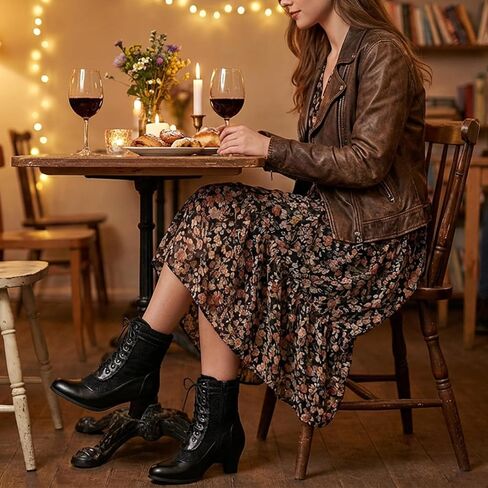 ErikenUrben Victorian Lace Up Ankle Boots for Women Black Vintage Mid Heel Booties with Side Zipper in Kuwait