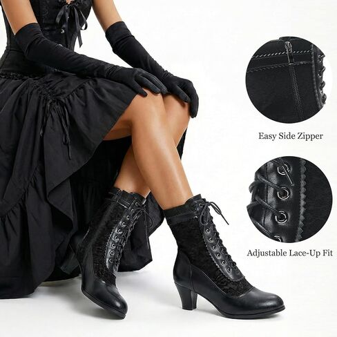 ErikenUrben Victorian Lace Up Ankle Boots for Women Black Vintage Mid Heel Booties with Side Zipper in Kuwait