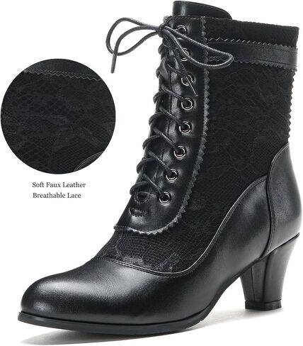 ErikenUrben Victorian Lace Up Ankle Boots for Women Black Vintage Mid Heel Booties with Side Zipper in Kuwait