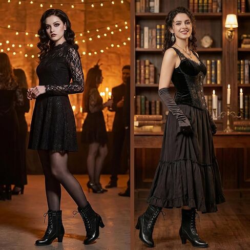 ErikenUrben Victorian Lace Up Ankle Boots for Women Black Vintage Mid Heel Booties with Side Zipper in Kuwait
