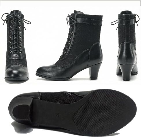 ErikenUrben Victorian Lace Up Ankle Boots for Women Black Vintage Mid Heel Booties with Side Zipper in Kuwait