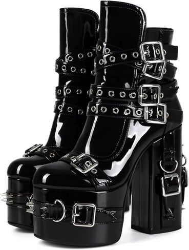 Frankie Hsu Handmade Goth Chunky Platform Ankle High Heeled Bootie, Black Patent Buckle Strap Punk Gothic Y2K Hot Cool Girl Shoes For Women Men in Kuwait