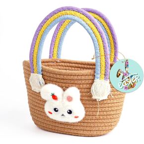 Exun Easter Bunny Basket for Kids ، حقيبة يد من القطن اللطيفة حقيبة يدوية منسوجة مع مقابض قوس قزح ، وأكياس سلة Easter Egg Hunt للأولاد ، والبنات ، والطفل ، والرضع ، وسلة هدايا عيد الفصح مخصصة (Beige) in Kuwait