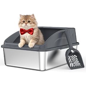 صندوق القمامة الفولاذ المقاوم للصدأ | XL مرفق القمامة المرفق مع غطاء للقطط الكبيرة | تسرب عالي الوجه ، مضاد للوراين | القاع غير القصوى ويتضمن حصيرة القمامة ومغرفة معدنية in Kuwait