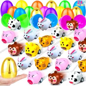 [1 Golden Egg]24Pack Prefilled Easter Eggs with Animals Pull Back Cars Toys Bunny Vehicle Plastic Surprise Eggs Kids Boys Girls Toddlers Easter Basket Stuffers Fillers Easter Eggs Hunt Party Favor in Kuwait