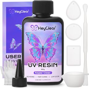 HeyClear 250g UV Resin kit -Crystal Clear, Hard UV Epoxy Resina para Manualidades Fast Curing Glue uv with Silicone Molds, Mat for Beginners Jewelry Making, DIY Crafts Art, Casting Coating in Kuwait