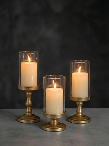 NUPTIO Hurricane Glass Candle Holders: Pillar Candle Stand with Open Ended Chimney - Set of 3 Gold Metal Candleholder for Fireplace Dining Table Centerpiece in Saudi Arabia