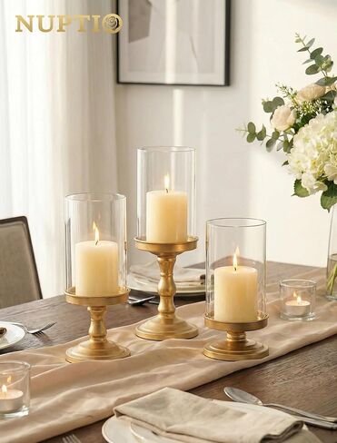 NUPTIO Hurricane Glass Candle Holders: Pillar Candle Stand with Open Ended Chimney - Set of 3 Gold Metal Candleholder for Fireplace Dining Table Centerpiece in Saudi Arabia