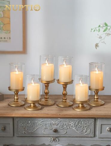NUPTIO Hurricane Glass Candle Holders: Pillar Candle Stand with Open Ended Chimney - Set of 3 Gold Metal Candleholder for Fireplace Dining Table Centerpiece in Saudi Arabia