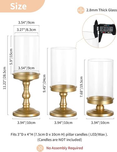 NUPTIO Hurricane Glass Candle Holders: Pillar Candle Stand with Open Ended Chimney - Set of 3 Gold Metal Candleholder for Fireplace Dining Table Centerpiece in Saudi Arabia