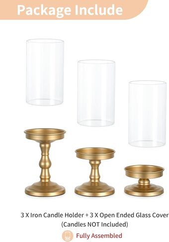 NUPTIO Hurricane Glass Candle Holders: Pillar Candle Stand with Open Ended Chimney - Set of 3 Gold Metal Candleholder for Fireplace Dining Table Centerpiece in Saudi Arabia