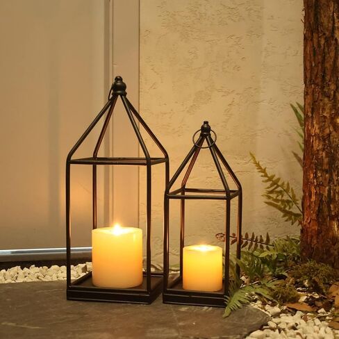 DECORKEY LED Lanterns Decorative Indoor&Outdoor, 23’’ 19’’ 13’’ Large Black Candle Lanterns Set with 3 Flameless Candles, Metal Holders for Porch, Patio, Garden, Home, Fireplace, Decorations Decor in Kuwait