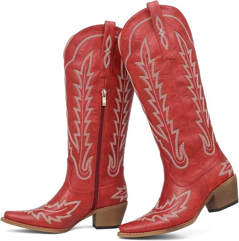 mikarka Western Cowboy Boots for Women Cowgirl Knee High Boots Pointed Toe Chunky Heel Faux Leather & Suede Vintage Classic Tall Boots in Kuwait