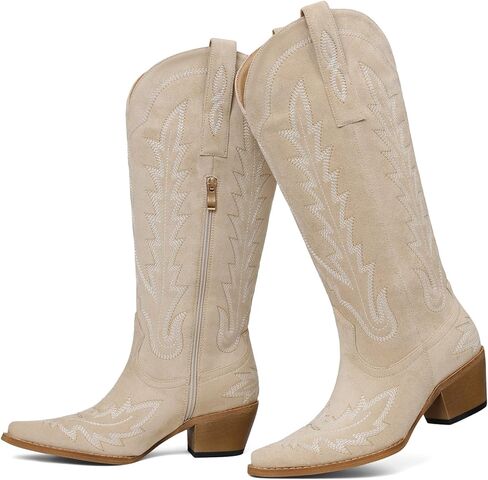 mikarka Western Cowboy Boots for Women Cowgirl Knee High Boots Pointed Toe Chunky Heel Faux Leather & Suede Vintage Classic Tall Boots in Saudi Arabia
