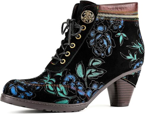 Superladystar Women's Floral Embossed Suede Ankle Boots, Black with Blue and Green Rose Relief Art, Lace-Up Block Heel Booties with Brown Leather Trim and Zipper Detail in Saudi Arabia