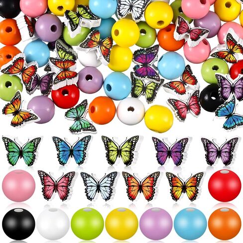 Tradder 200 Pieces Flamingo Wood Beads Summer Wooden Beads for Crafts Tropical Wood Beads with Flamingo Palm Leaves Round Beads for Jewelry Making Home Decoration DIY in Kuwait
