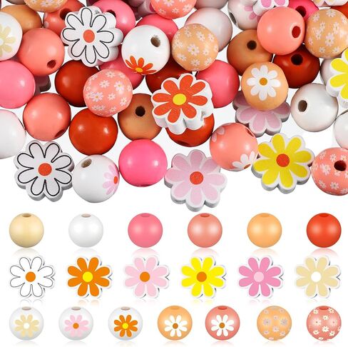 Tradder 200 Pieces Flamingo Wood Beads Summer Wooden Beads for Crafts Tropical Wood Beads with Flamingo Palm Leaves Round Beads for Jewelry Making Home Decoration DIY in Kuwait