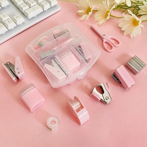 Mini Office Supply Kits Mini School Supplies – Includes Scissors, Mini Stapler,Tape Dispenser,Hole Puncher,Staples Mini Desktop Stapler with Portable Case for Office School Supplies & DIY (Pink) in Saudi Arabia