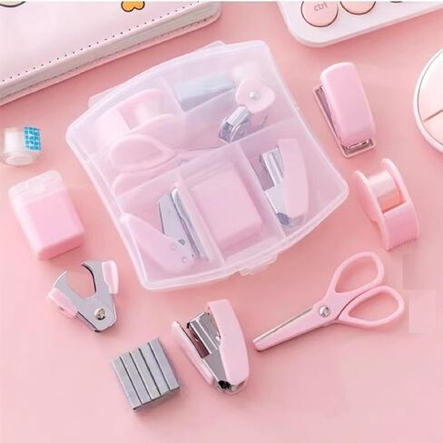 Mini Office Supply Kits Mini School Supplies – Includes Scissors, Mini Stapler,Tape Dispenser,Hole Puncher,Staples Mini Desktop Stapler with Portable Case for Office School Supplies & DIY (Pink) in Saudi Arabia