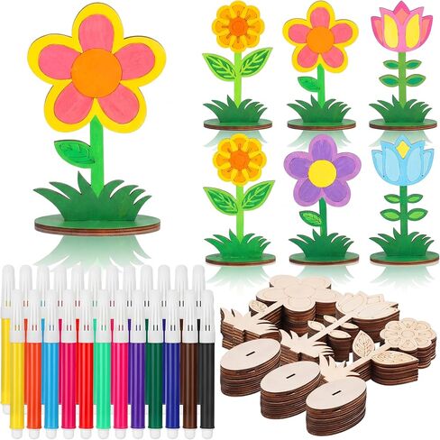 52 Pcs Spring Crafts Set 28 Thicken Wooden Flowers to Paint 3D Unfinished Tulips Cutouts Slices Ornaments 24 Colored Pens for Mothers Day Tiered Tray Decor DIY Gifts Home Table Centerpiece in Saudi Arabia