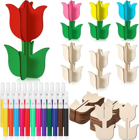 52 Pcs Spring Crafts Set 28 Thicken Wooden Flowers to Paint 3D Unfinished Tulips Cutouts Slices Ornaments 24 Colored Pens for Mothers Day Tiered Tray Decor DIY Gifts Home Table Centerpiece in Saudi Arabia