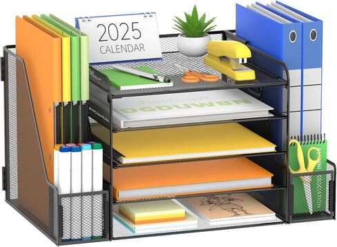 SUPEASY Mesh Desk Organizer with File Holder, 5-Tier Paper Letter Tray Organizer with Magazine Holder, Desktop Organizer and Storage for Office Supplies Home or School, White in Kuwait